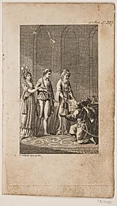 Illustration med et ungt par med en orientaler og tre knælende tyrkiske soldater
