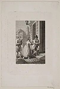 Illustration med kone der standser en herre ved en port mens en tjener ser til by Meno Haas