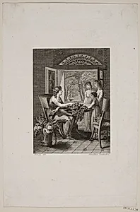 Illustration med kvinder om et bord i en havestue