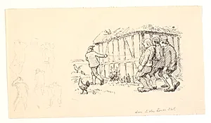 Illustration til Den lille hvide kat samt skitser af gående mænd