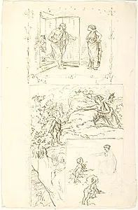 Illustration til humoreske af Makedonios "Just som jeg gik og tænkte paa, hvor rart det ville være, om min kone ville lægge sig til at dø..." F.n.: Illustration til digt af Parmenion. Moderen, der lokker barnet til sig ved at vise det sit bryst by Lorenz Frølich