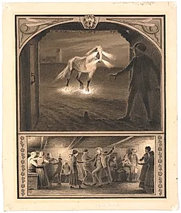 Illustration til St. St. Blicher: "Mowns". Helhesten og Mowns; f.n.: dans i bondestue by Hans Smidth