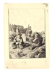 Illustration til "Strandvarslet og kirkegrimen" by Niels Skovgaard