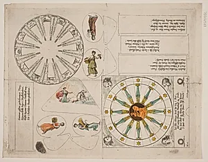 Illustrationstavle med almanak-cirkel og fem vers by Oluf Olufsen Bagge