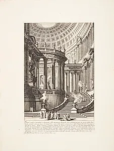 Imaginært antikt tempel, bygget i samme stil som dem, der blev bygget til ære for den romerske gudinde Vesta; i midten det store alter, hvor vestalinderne opbevarede den uudslukkelige, hellige ild ... by Giovanni Battista Piranesi