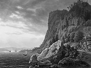 Indsejlingen til Holmestrand i Norge med vejen fra Drammen langs klippevæggen. Tidlig morgen by J.P. Møller