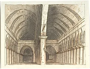 Interiør af underetagen i en kirke (?) med søjler og hvælv by Aron Wallick