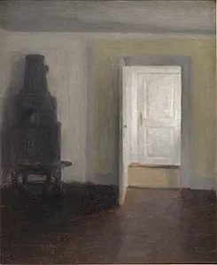 Interiør. Den gamle bilæggerovn. Albertines Lyst, Lyngby by Vilhelm Hammershøi