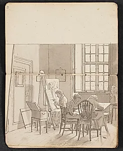 Interiør fra akademiet med malende og tegnende kunstnere by Martinus Rørbye