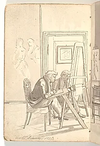 Interiør fra akademiet med tegnende unge kunstnere by Martinus Rørbye
