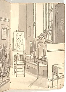 Interiør fra akademiet med tegnende unge kunstnere by Martinus Rørbye