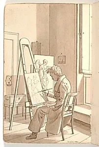 Interiør fra akademiet med ung kunstner malende ved staffeli by Martinus Rørbye
