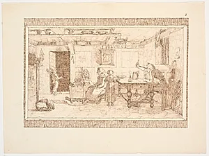 Interiør fra bondestue (illustration til eventyret "Bjergmanden og Tordenvejret") by Christen Dalsgaard