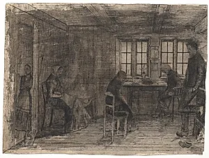 Interiør fra en bondestue med fem personer by Poul S. Christiansen