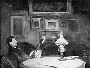 Interiør fra en stue, hvor en ung mand ligger henslængt i en sofa og spiller lut, aften by P.A. Schou