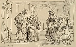 Interiør hvor en ung mand forklarer en siddende munk noget, t.h. grædende pige og gammel kone by Wilhelm Marstrand
