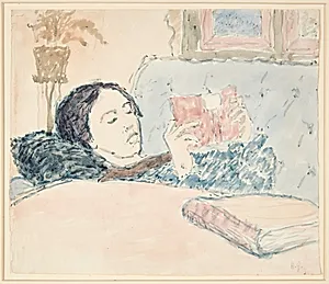 Interiør med en af kunstnerens søstre, der ligger og læser by Harald Giersing
