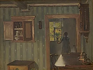 Interiør med en lille pige ved vinduet by Hans Smidth