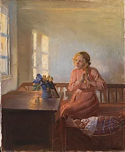 Interiør med en ung pige, der fletter sit hår by Anna Ancher