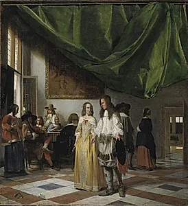 Interiør med et ungt par og musicerende folk by Pieter de Hooch