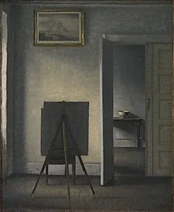 Interiør med kunstnerens staffeli by Vilhelm Hammershøi
