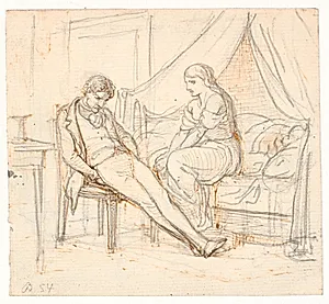 Interiør med mismodig ung mand og en pige på en seng by Wilhelm Marstrand