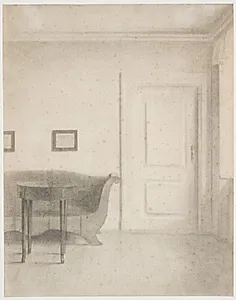 Interiør med sofa og lille bord, t.h. en dør by Vilhelm Hammershøi