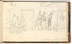 Interiør med spillende og dansende figurer by Martinus Rørbye