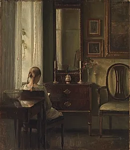 Interiør med ung pige der læser by Carl Holsøe