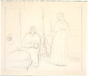 Interiør med ur og siddende og stående kvinde by Joakim Skovgaard