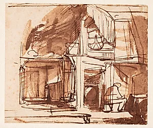 Interiør med vindeltrappe og siddende mand by Rembrandt van Rijn