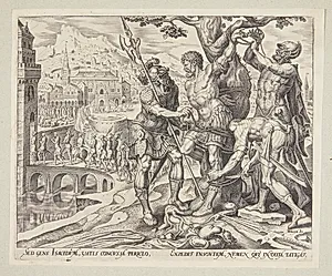 Israelitterne finder Akior bundet til et træ by Philips Galle