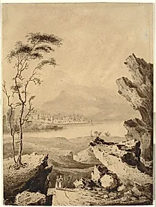 Italieniserende sceneri. Klippelandskab med sø, i baggrunden by og bjerge