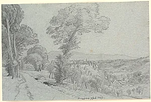 Italiensk bjerglandskab med udsigt mod "Genazzano 9 Juli 1869.". by P.C. Skovgaard
