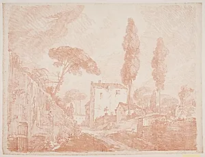 Italiensk fantasilandskab med træer og huse by Jens Petersen Lund