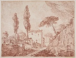 Italiensk fantasilandskab med træer og huse by Jens Petersen Lund