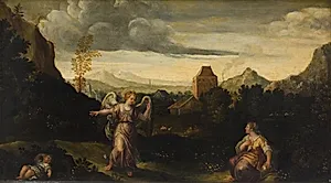 Italiensk landskab, i forgrunden Hagar, Ismael og en engel by Ubekendt