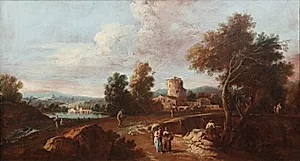 Italiensk landskab med figurer og kvæg by Giuseppe Zais