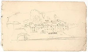 Italiensk landskab med klynge af huse by L.A. Ring