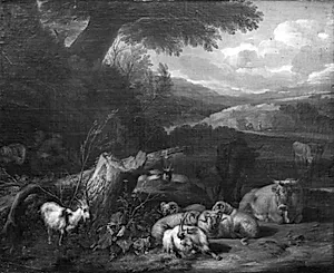Italiensk landskab med kvæg by Jacob van Huchtenburg