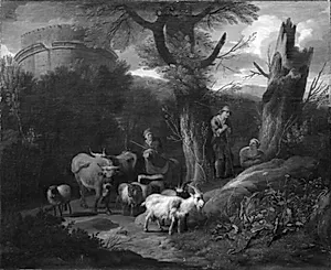 Italiensk landskab med kvæg by Jacob van Huchtenburg