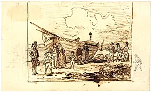 Italiensk strandscene med fiskere og båd by Martinus Rørbye