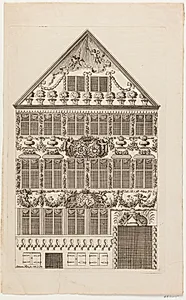 Jacob Fosies hus på Østergade med festdekoration i anledning af kronprinsesse Louises festindtog 1743. Opslag med trykt forklaring by Johanna Fosie