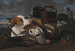 Jagtstilleben med døde fugle og en jagthund by Joannes Fijt