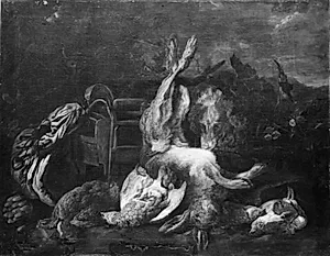 Jagtstilleben med døde fugle og en jagthund by Joannes Fijt