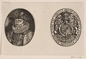 Jakob I af England og hans våbenskjold by Simon de Pas