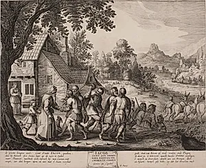 Jakob sender sine sønner til Ægypten at købe korn (IACOB SENT SYN SOONEN NAER EGYPTEN OM COOREN TE COOPEN)