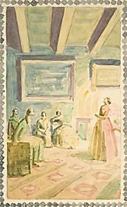 Jenny Lind synger i Weimar for Storhertugens familie og H.C. Andersen. Udkast til freskodekorationer i H.C. Andersen Mindehallen i Odense by Niels Larsen Stevns