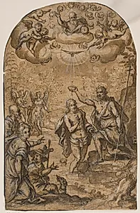 Jesu dåb med Vorherre og engle mellem skyerne by Pietro Mera