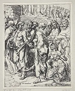 Jesus og den blodsottige kvinde by Dirk Volkertsz. Coornhert